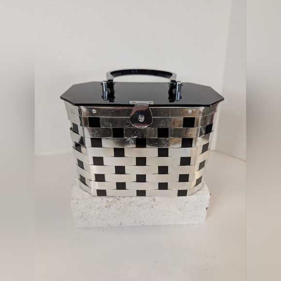 Vintage Handbags - Vintage Bag Box Purse  Black Silver Basket Weave 1950 Handbag